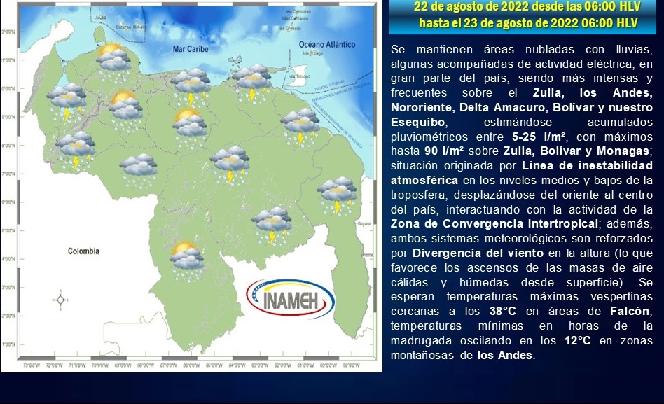 Inameh prevé lluvias aisladas para este lunes