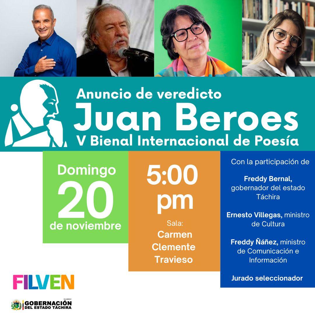 El próximo domingo 20 de noviembre será anunciado el veredicto de la 5ta. edición del Premio Internacional de Poesía Juan Beroes