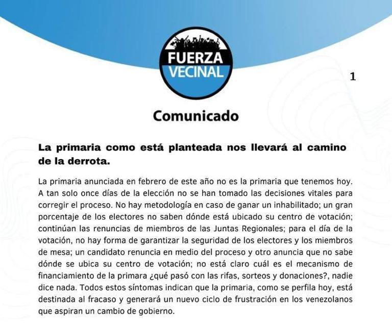 Fuerza Vecinal: La primaria nos llevará al camino de la derrota