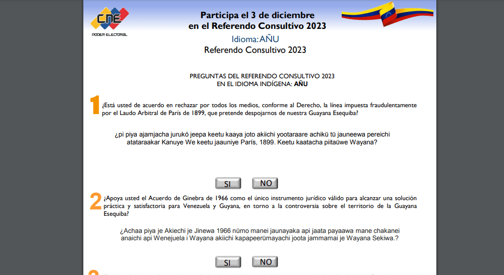 CNE publica las 5 preguntas por el Sí en Defensa de El Esequibo en 8 idiomas indígenas de Venezuela