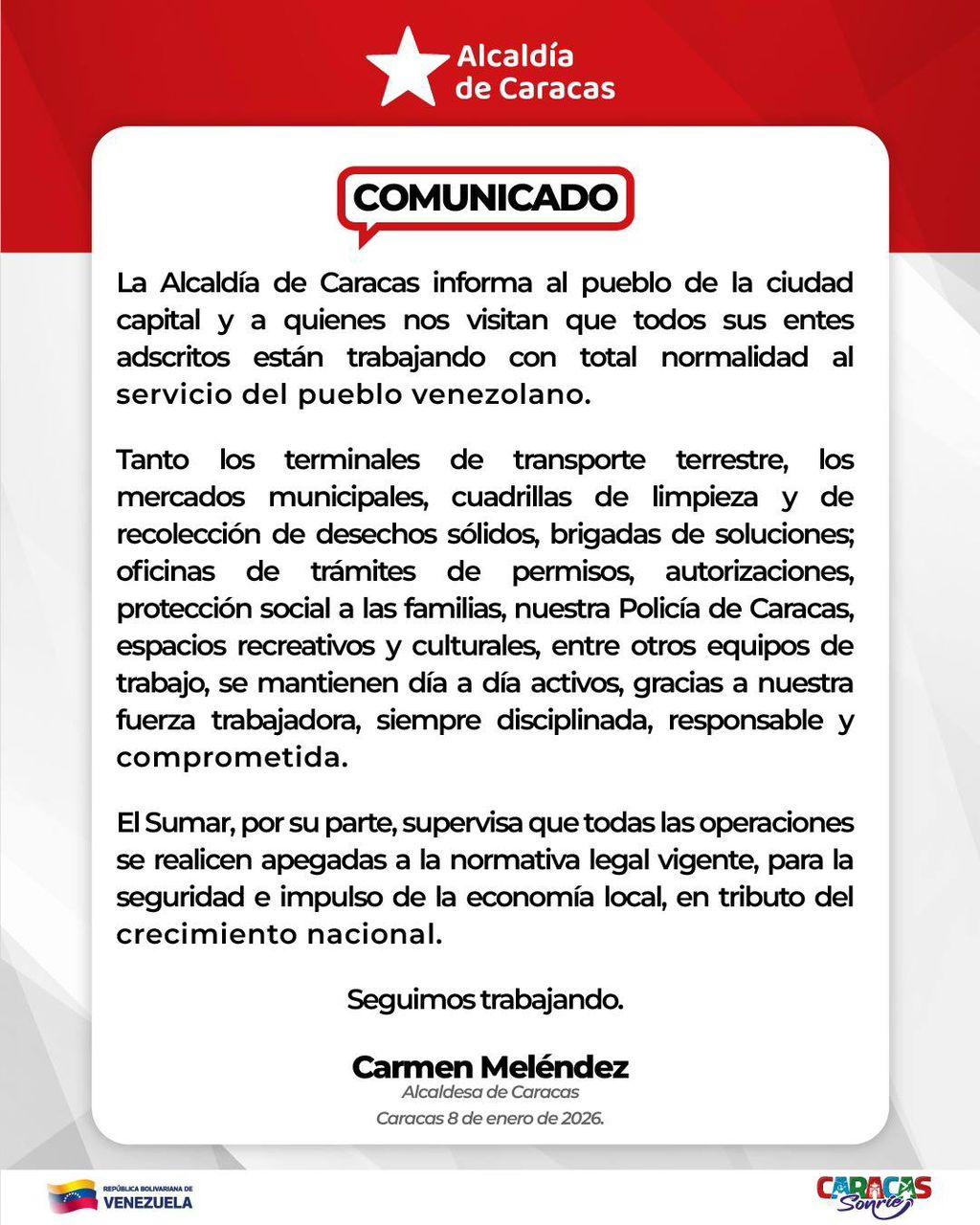 Alcaldía de Caracas garantiza operatividad de servicios y atención al pueblo