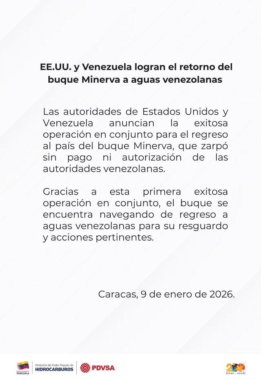 EE.UU. y Venezuela logran el retorno del buque Minerva a aguas venezolanas