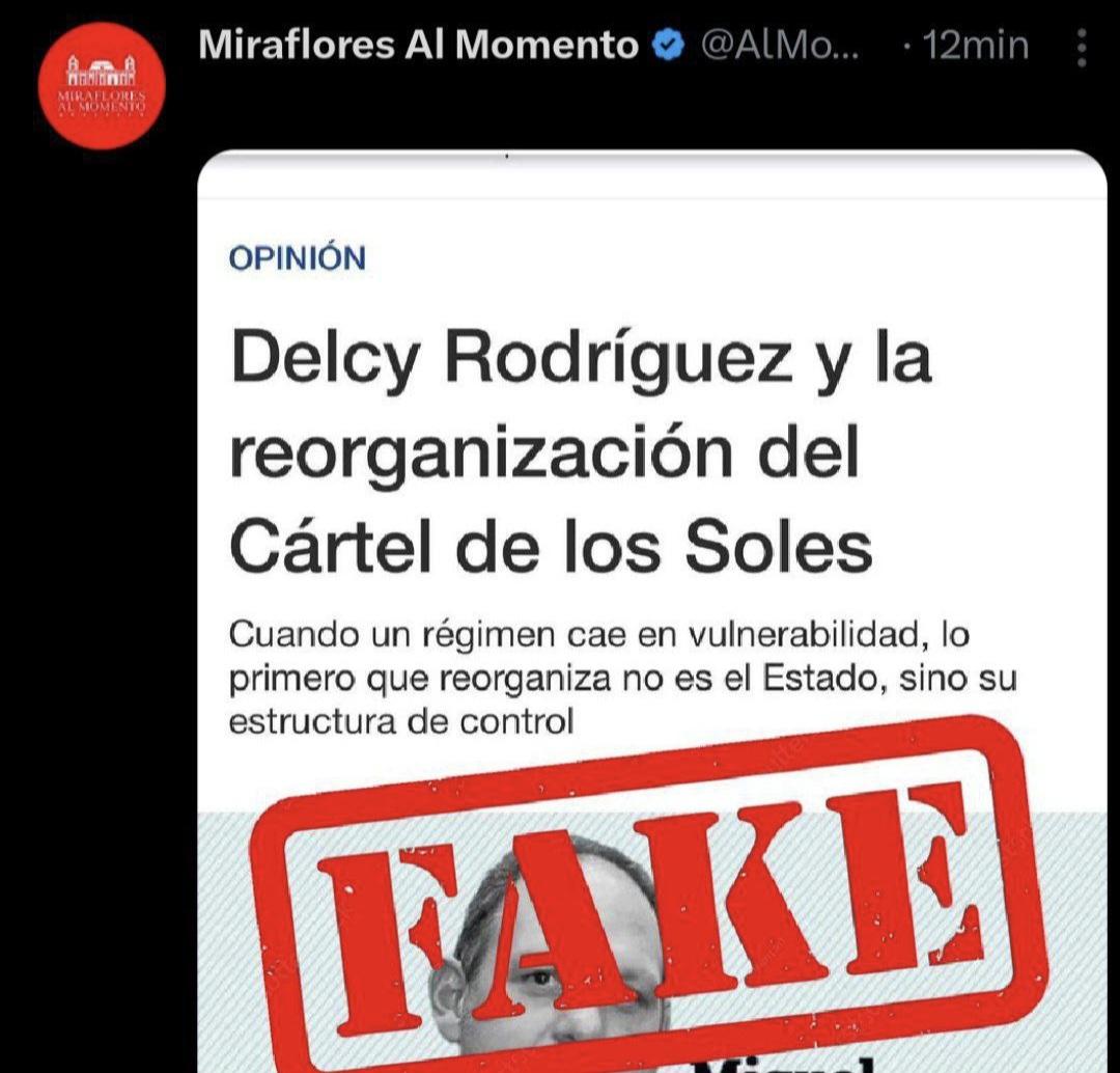 Miraflores al Momento denuncia noticia falsa contra la Presidenta (E) Delcy Rodríguez