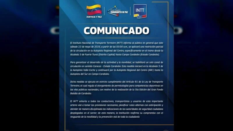 INTT anuncia cierre temporal de la ARC de Caracas a Valencia este sábado