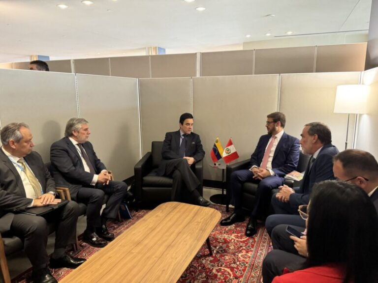 El canciller venezolano Félix Plasencia y el canciller del Perú, Carlos Espá, reunidos en la ONU.