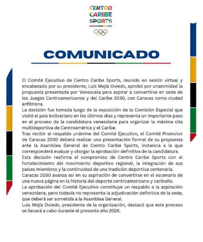 El Comité Ejecutivo de Centro Caribe Sports, reunido en sesión virtual y bajo la presidencia de Luis Mejía Oviedo, aprobó por unanimidad la propuesta presentada por Venezuela para aspirar a convertirse en sede de los Juegos Centroamericanos y del Caribe 2030