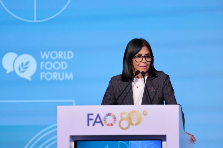 La presidenta de la República Bolivariana de Venezuela, Delcy Rodríguez, interviene en el Foro Mundial de la Alimentación 2026, celebrado en la sede de la Organización de las Naciones Unidas para la Alimentación y la Agricultura (FAO) en Roma