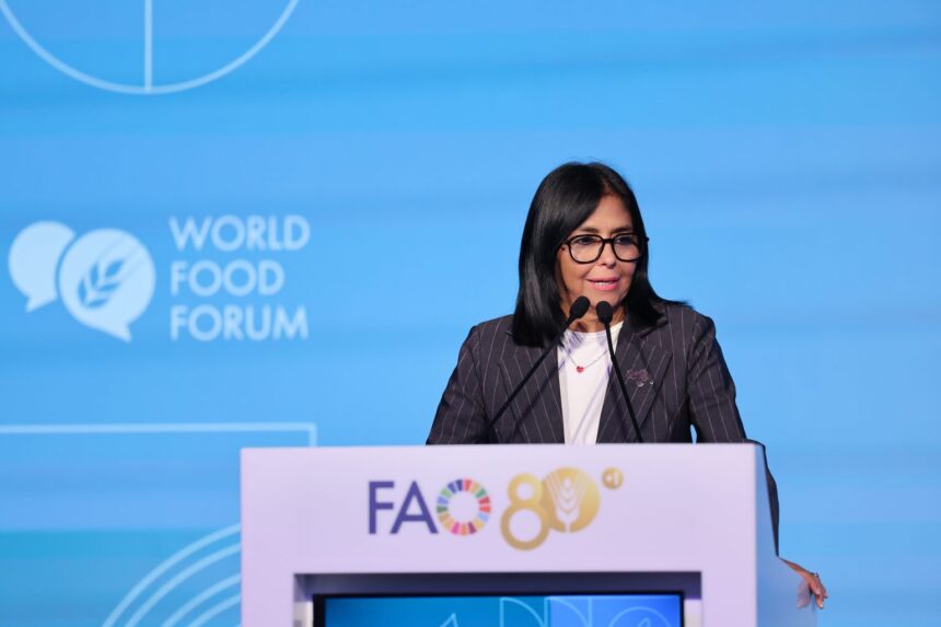La presidenta de la República Bolivariana de Venezuela, Delcy Rodríguez, interviene en el Foro Mundial de la Alimentación 2026, celebrado en la sede de la Organización de las Naciones Unidas para la Alimentación y la Agricultura (FAO) en Roma